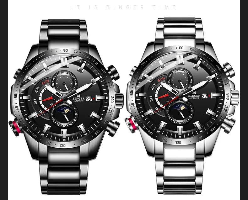 Genuine Luxury Switzerland BINGER Brand Mens Watches Automatic Mechanical Luminous Waterproof Running Calendar Male Moon Phase