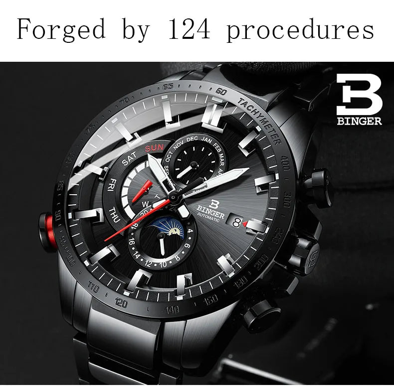 Genuine Luxury Switzerland BINGER Brand Mens Watches Automatic Mechanical Luminous Waterproof Running Calendar Male Moon Phase