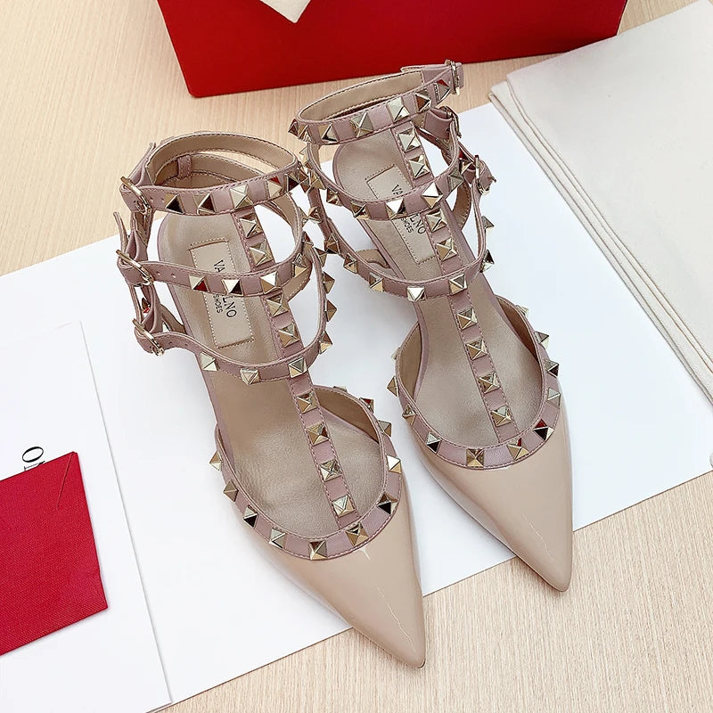 Three straps Rivet Heeled sandals luxury Women's Gladiator sandals summer Brand Slingbacks High Heels designer party Ladies Shoe
