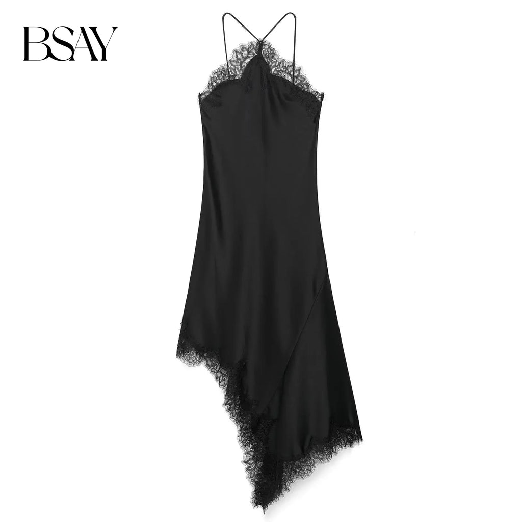 BSAY 2025 Summer New Product Women's Lace Decorative Satin Texture Strap Sexy Dress with Hanging Neck and Asymmetric Bottom