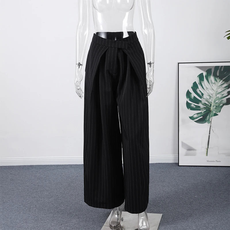 Casual Striped Loose Pants Women High Waist Pleated Straight Long Wide Leg Trousers Female 2025 Fashion Autumn Lady Bottoms