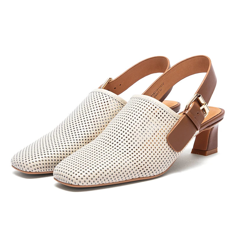 Luxury brand women's shoes summer sandals leather medium high heel hollow breathable temperament girls shoes 35-40 yards