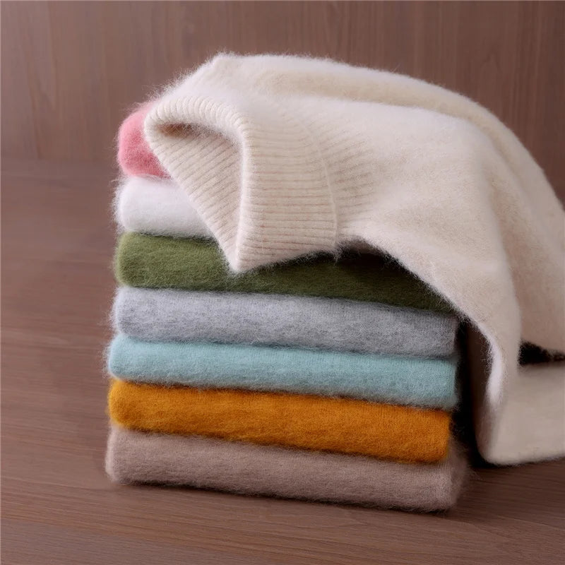 Autumn And Winter New 100% Mink Cashmere Sweater Ladies' High Lapel Solid Color Padded Pullover Wool Knitted Bottoming Shirt