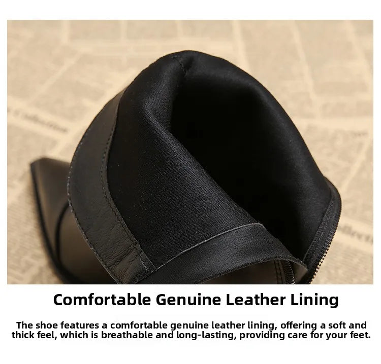 Retro Pointed Toe ort Boots Women's Spring Autumn New Coarse Heel Boots Small Size Genuine Leather High Heel  Boots