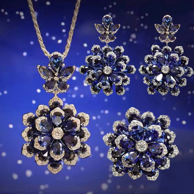 Luxury Silver Color Blue/Red/Green Crystal Jewelry Sets For Women AAA Zircon Wedding Party Elegant Rings Earrings Necklaces