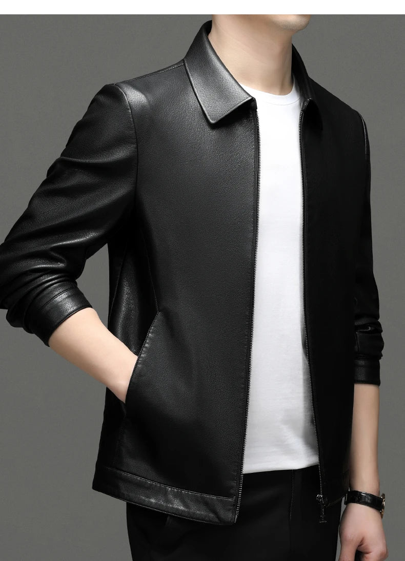 YN-2335 Spring and Autumn Men's Genuine Leather Polo Mock Neck Jacket Fashion Slim Sheepskin Coat Black Grey Husband Gift Youth