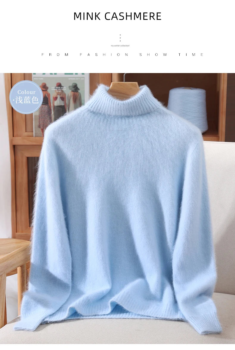 Autumn And Winter New 100% Mink Cashmere Sweater Ladies' High Lapel Solid Color Padded Pullover Wool Knitted Bottoming Shirt