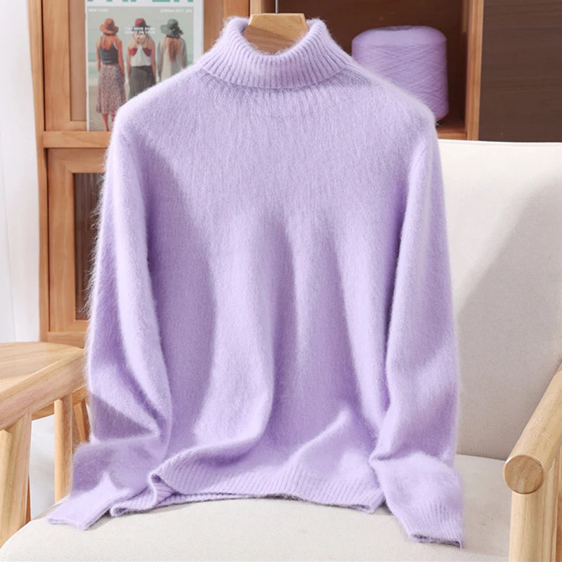 Autumn And Winter New 100% Mink Cashmere Sweater Ladies' High Lapel Solid Color Padded Pullover Wool Knitted Bottoming Shirt