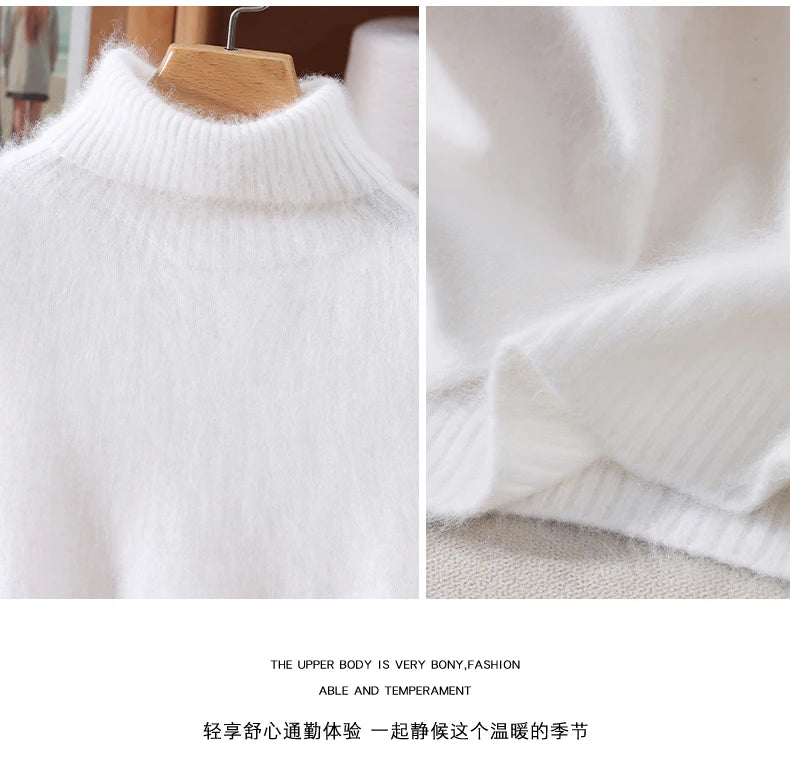 Autumn And Winter New 100% Mink Cashmere Sweater Ladies' High Lapel Solid Color Padded Pullover Wool Knitted Bottoming Shirt
