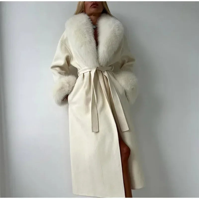 Elegant Fur Patchwork Woolen Coat Women Chic Full Sleeve V-neck Lace Up Loose Long Overcoat 2025 Lady Winter Commute Outwear