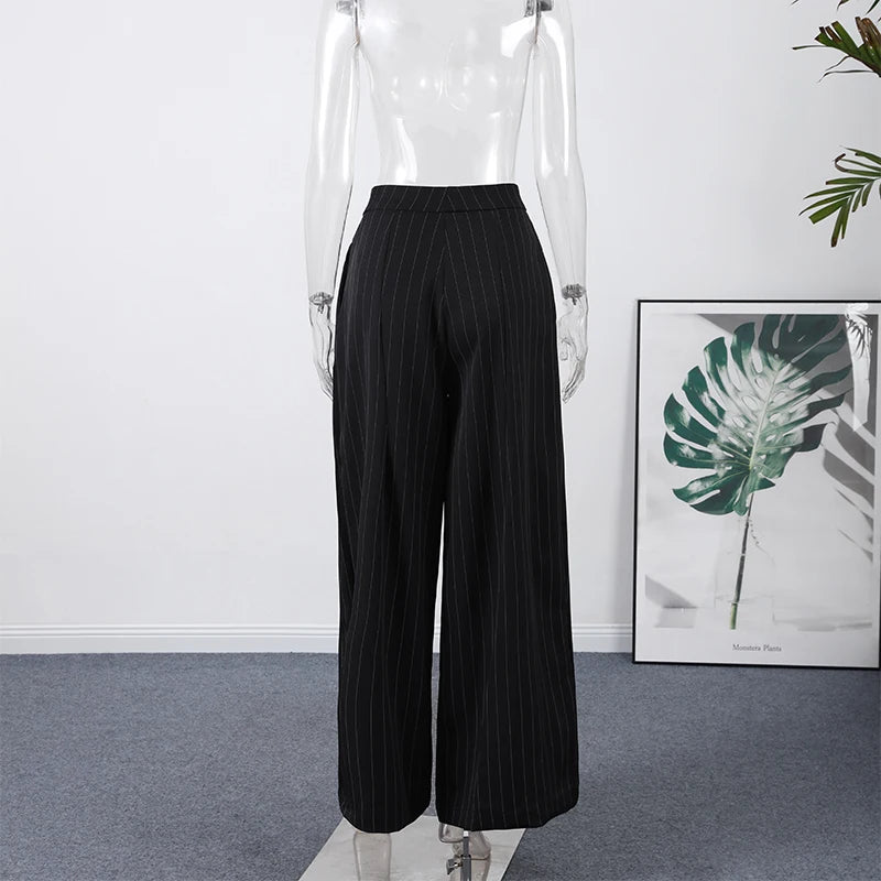 Casual Striped Loose Pants Women High Waist Pleated Straight Long Wide Leg Trousers Female 2025 Fashion Autumn Lady Bottoms