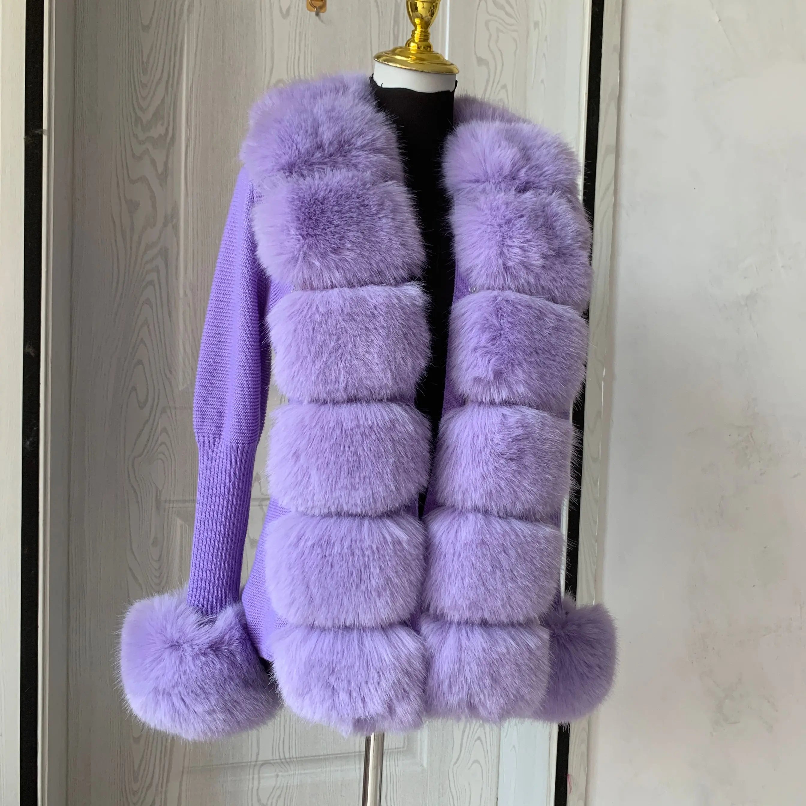 Women Faux Fur Knit Sweater cardigan Spring Autumn elegant Knitted sweater with faux fox fur collar Ladies Fashion Coat fur coat