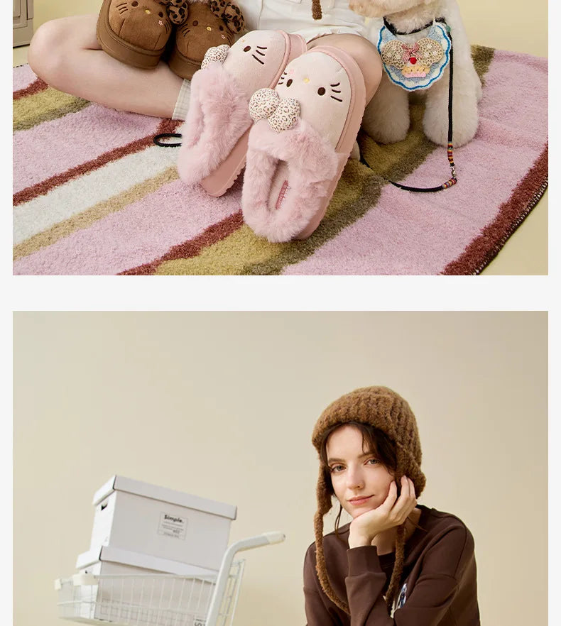 Autumn Winter Hello Kitty Slippers For Women Plush Kawaii Cute Sanrio Home Warm Cotton Slippers Cartoon Home Indoor Shoes Gifts