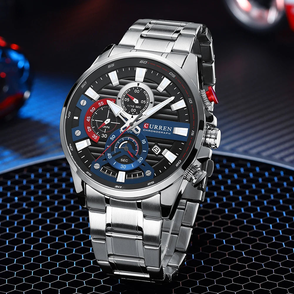 CURREN Sports Casual Quartz Wristwatches with Chronograph Fashion Stainless Steel Men's Watch Auto Date Clock Male with box
