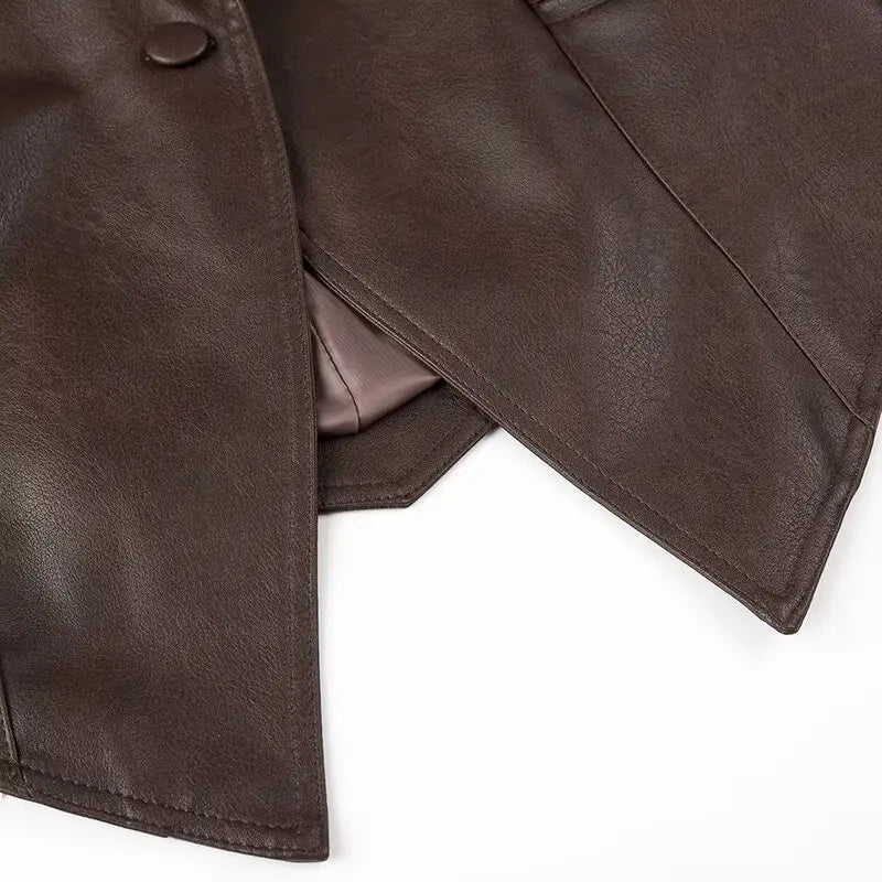 Mauroicardi Spring Autumn Short Retro Brown Pu Leather Jacket Women Sashes Lace Up Luxury Designer Emo Clothes European Fashion