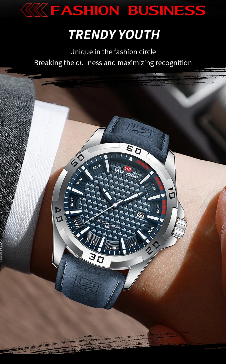 VA VA VOOM Men Casual Sport Military Quartz Calendar Wrist Watch for Man Business Leather Waterproof Male Clock Relogio Masculin