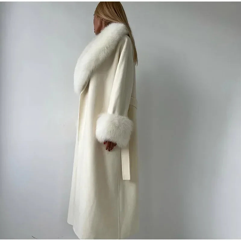 Elegant Fur Patchwork Woolen Coat Women Chic Full Sleeve V-neck Lace Up Loose Long Overcoat 2025 Lady Winter Commute Outwear