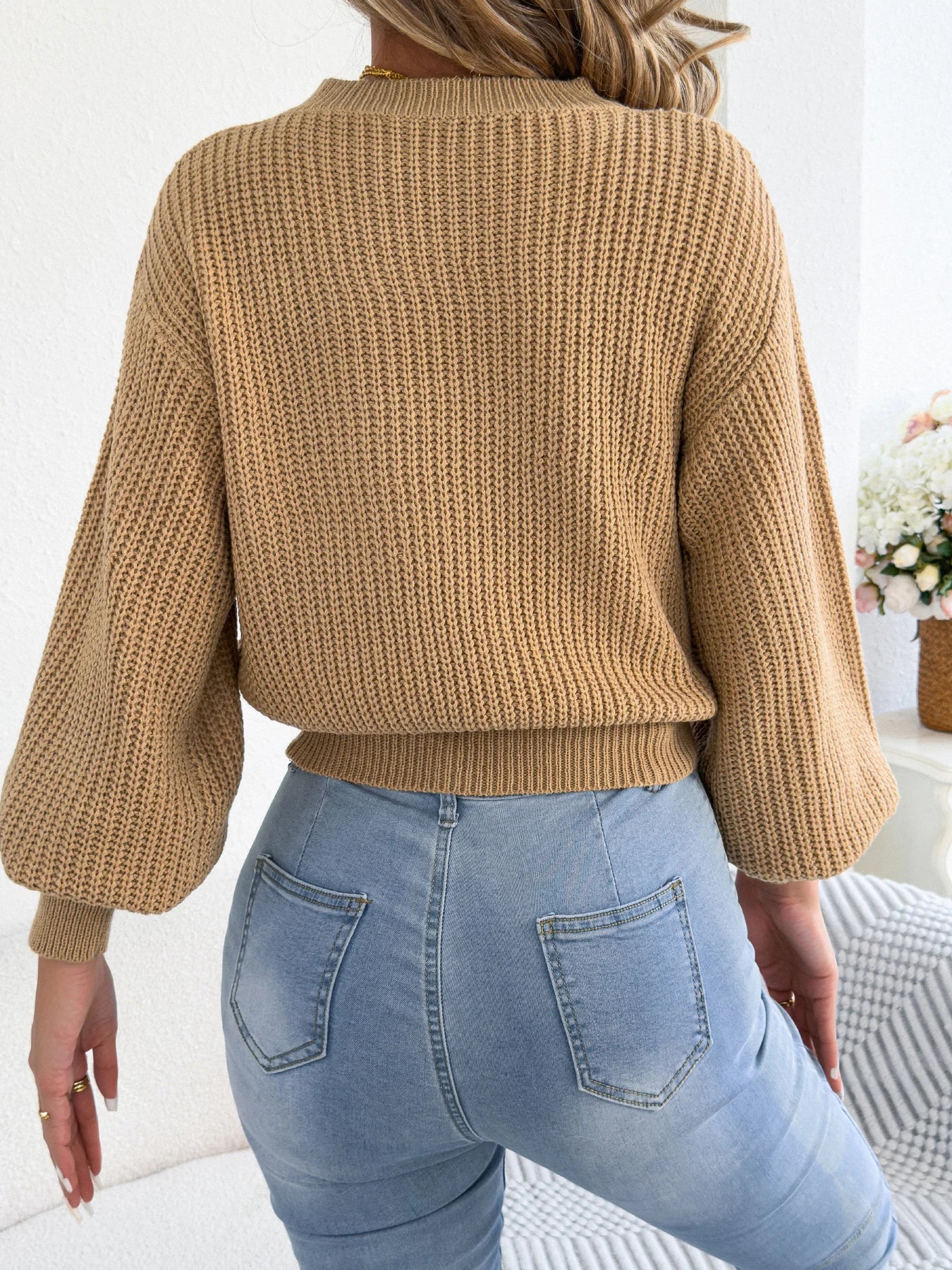 Women's Solid Color Round Neck Lantern Long Sleeve Knitted Sweaters for 2025 Autumn Winter Clothes Yellow Red Khaki