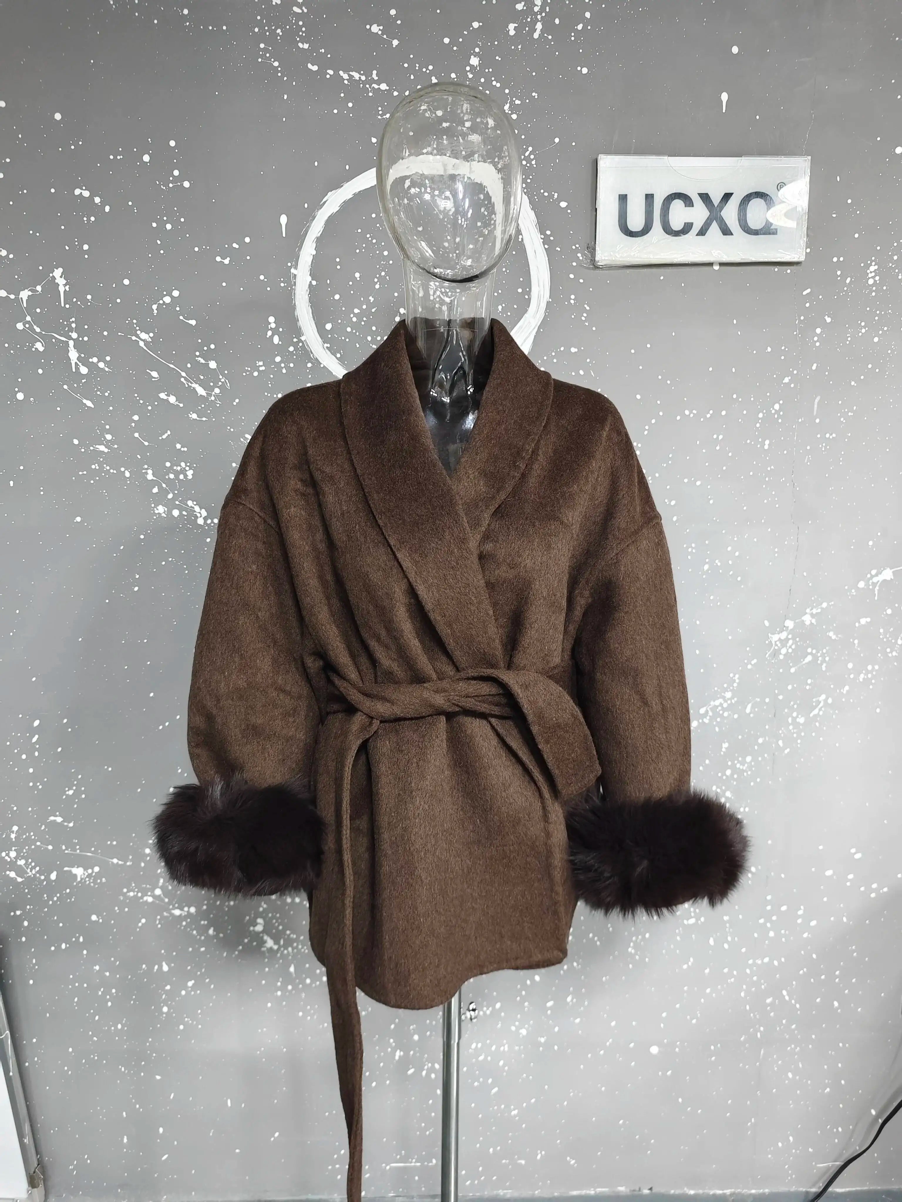 UCXQ Elegant OL Office Lady Overcoats Fur Patchwork Long Sleeve Woolen Coat Beautiful Women's Clothing Jacket Autumn 2025 Winter