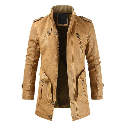 Men's Thick Fleece Winter Leather Jacket Coat Long Outwear Fashion Warm Casual Vintage Clothing for Men Steampunk Biker Jaqueta