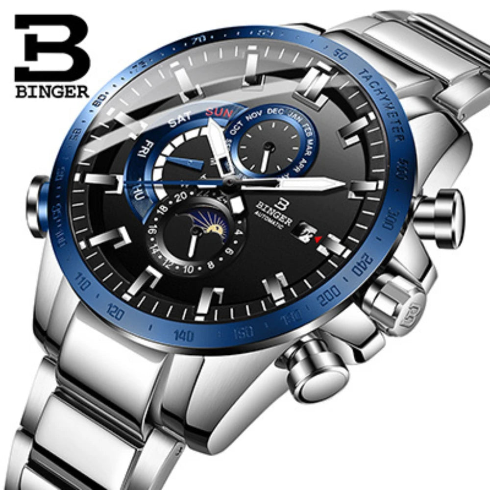 Genuine Luxury Switzerland BINGER Brand Mens Watches Automatic Mechanical Luminous Waterproof Running Calendar Male Moon Phase
