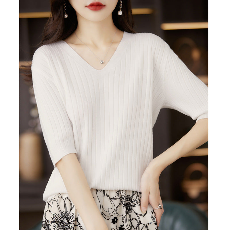Women's Sweater Spring Summer Short Sleeve V-neck Knit Shirt Casual Korean Pullovers Stripe Bottoming Shirt Slim Fit Jumpers