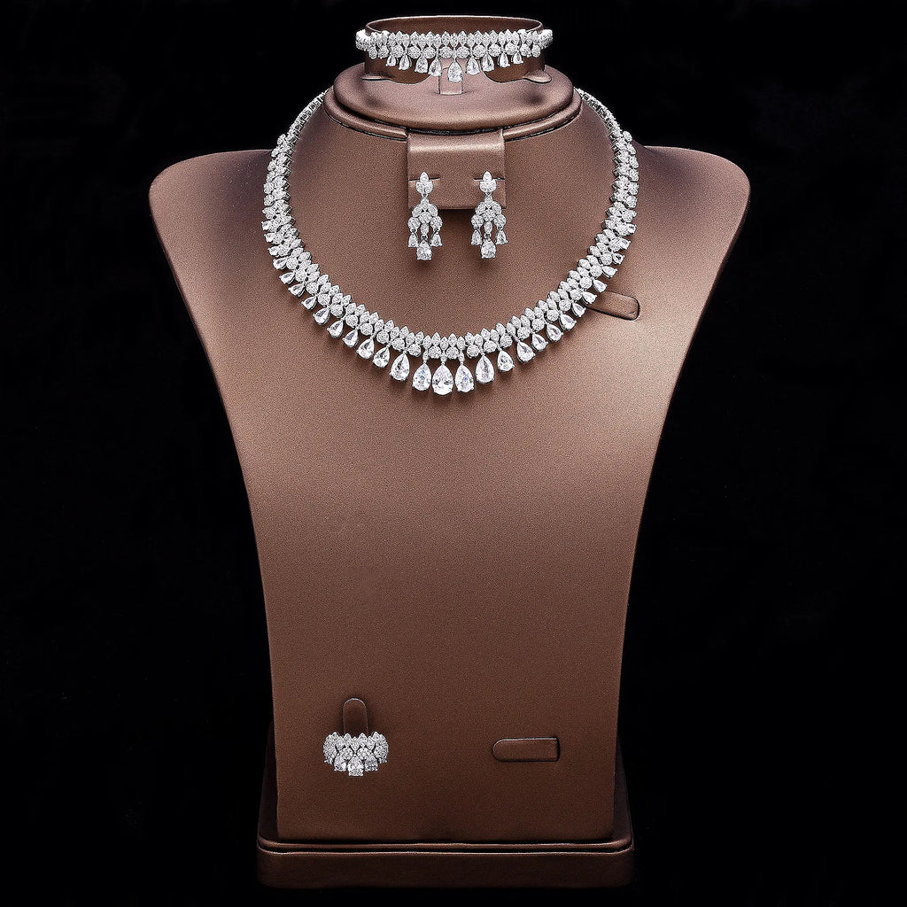 Luxury White Cubic Zirconia Bridal Jewelry Set Brides Accessories Tassel Water Drop Necklace Earring 4pcs Set for Wedding Party
