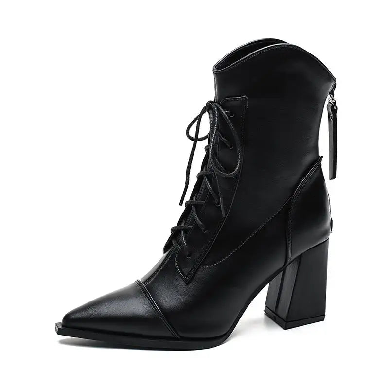 Retro Pointed Toe ort Boots Women's Spring Autumn New Coarse Heel Boots Small Size Genuine Leather High Heel  Boots