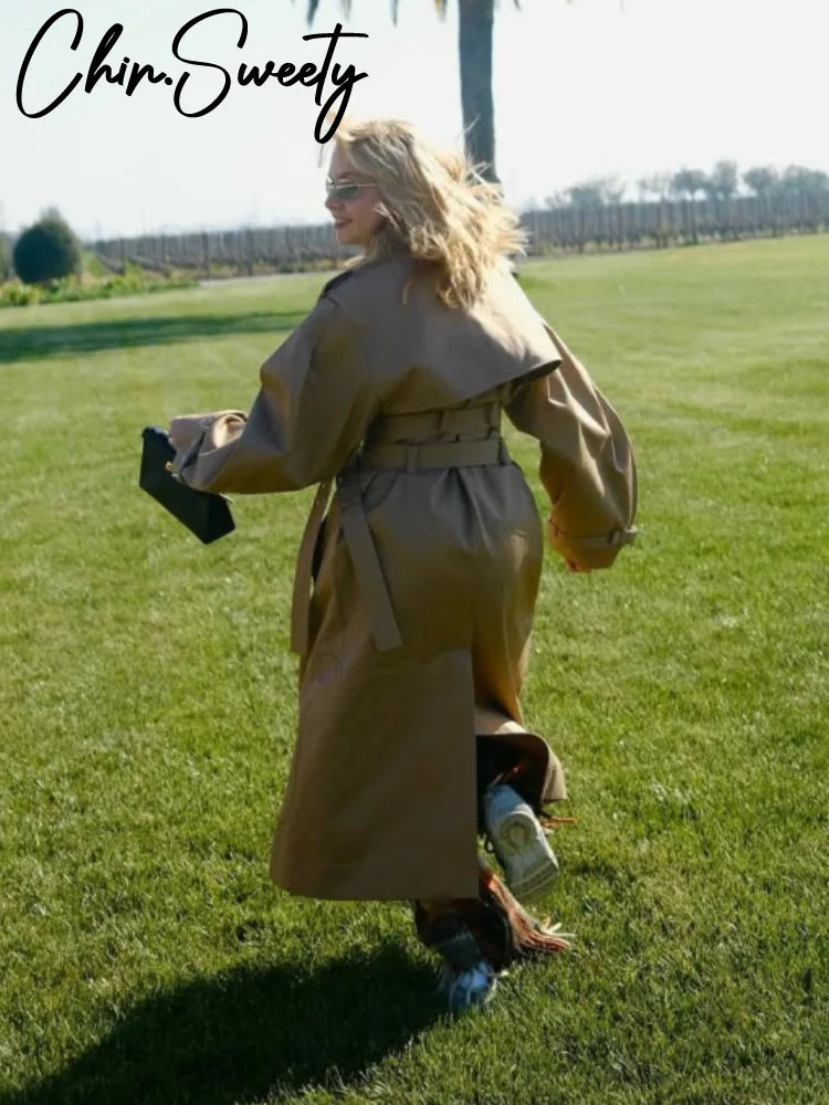 Elegant Double Belt Women Windbreaker Casual Khaki Long Sleeve Lapel Button Female Jacket 2025 Autumn Winter Lady Streetwear New