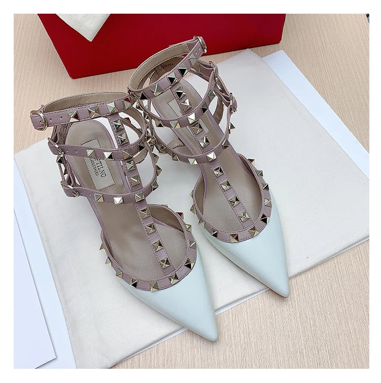Three straps Rivet Heeled sandals luxury Women's Gladiator sandals summer Brand Slingbacks High Heels designer party Ladies Shoe