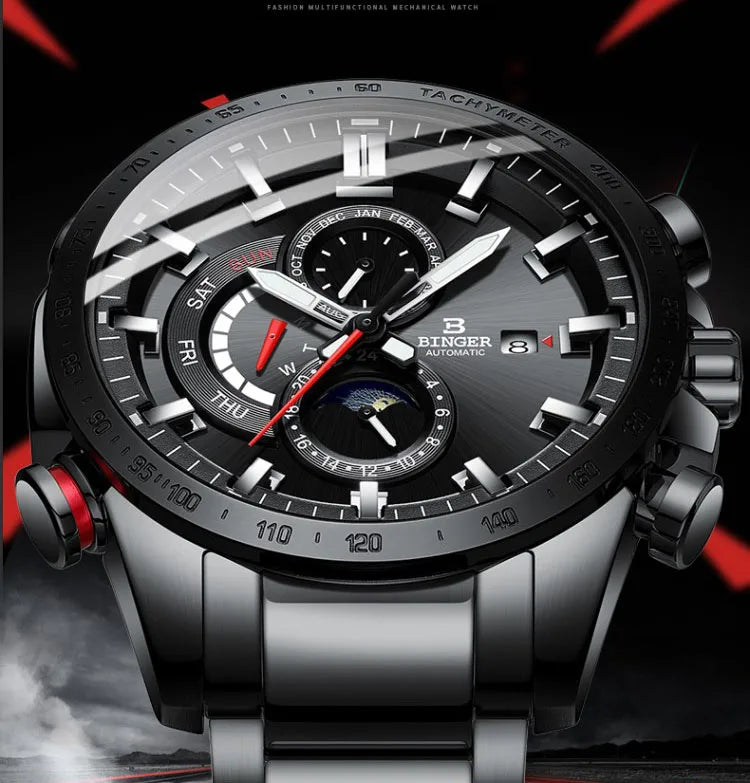 Genuine Luxury Switzerland BINGER Brand Mens Watches Automatic Mechanical Luminous Waterproof Running Calendar Male Moon Phase