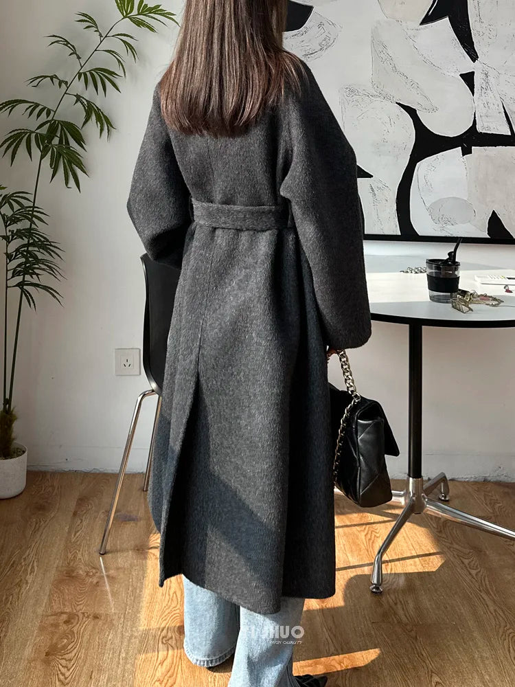 Korean Fashion Dark Gray Stand Collar 100%Wool Coat Women Long Winter Jacket