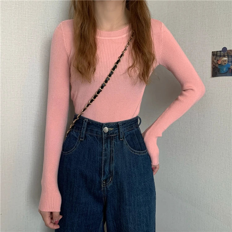 2025 New Women Sweater Autumn Winter Long Sleeve Pullover Basic Top Fashion O-neck Elastic Female Winter Solid Knitted Jumper