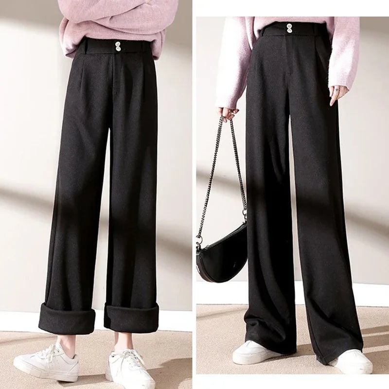 Autumn Winter Female Classic Daily Woolen Pants Girls Narrow Straight Leg Trousers Lady Solid Thicken High Waisted Pants