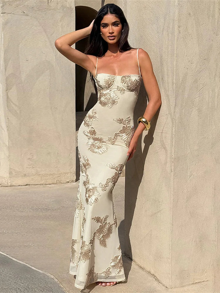 Nibber Elegant Flower Embroidery Maxi Dress Women Low-Neck Cross Bandage Backless Summer Street Trend Skinny Holiday Vestidos