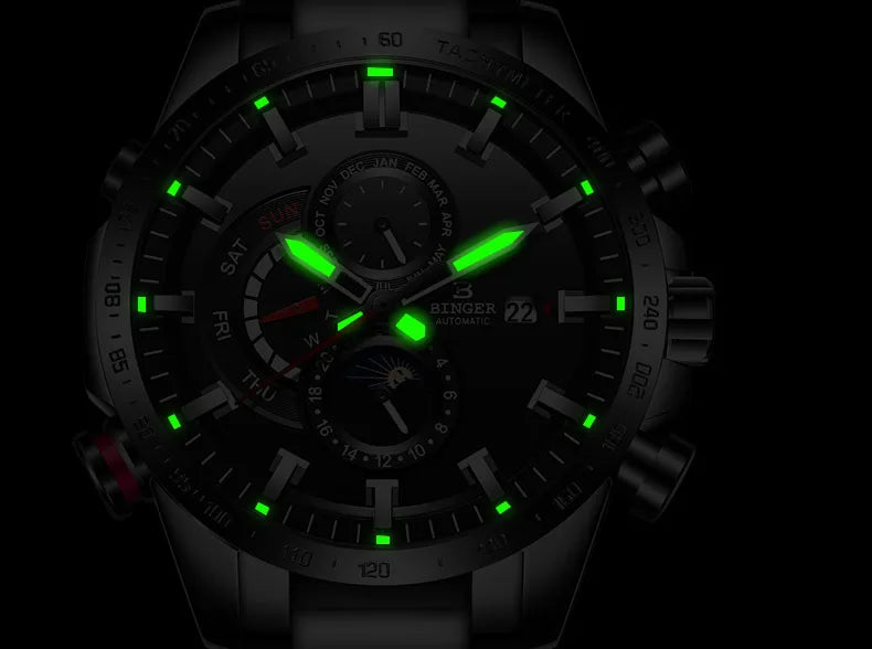 Genuine Luxury Switzerland BINGER Brand Mens Watches Automatic Mechanical Luminous Waterproof Running Calendar Male Moon Phase