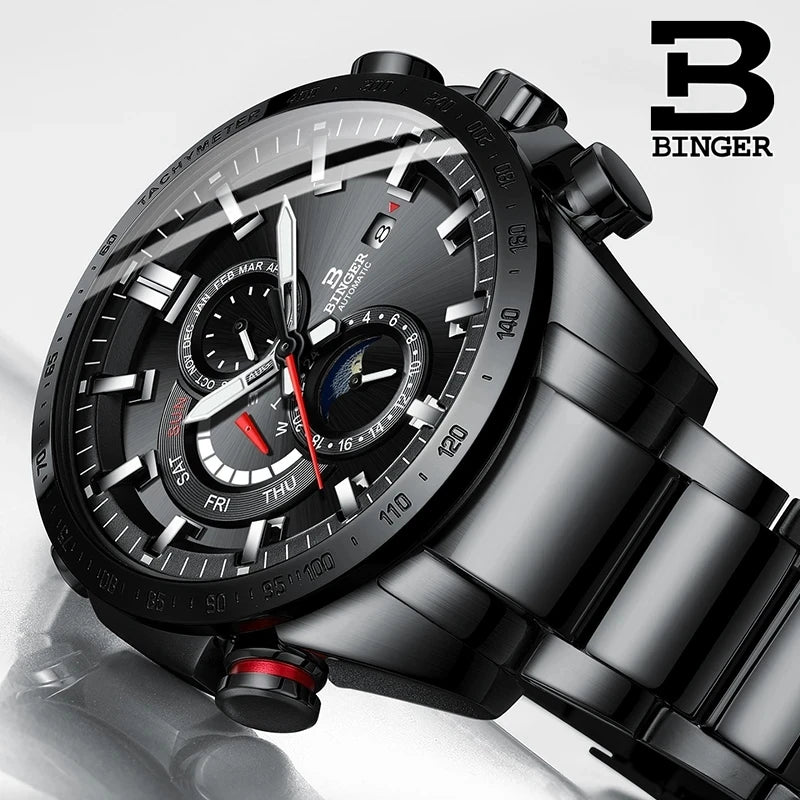 Genuine Luxury Switzerland BINGER Brand Mens Watches Automatic Mechanical Luminous Waterproof Running Calendar Male Moon Phase