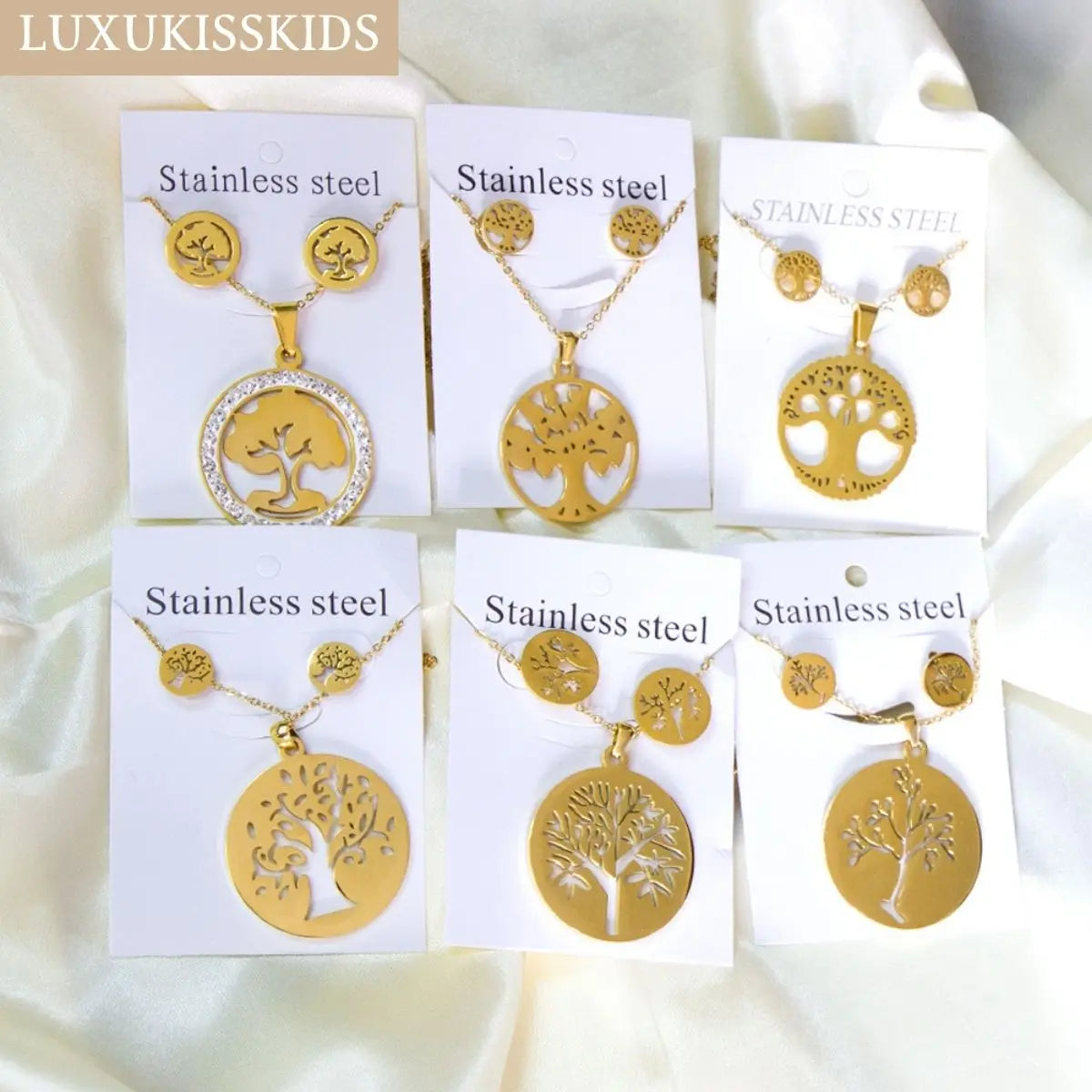 LUXUKISSKIDS Big Tree Of Life Charms Dubai Golden Jewelry Sets For Woman/Men Hippie Round Pendant Set of Necklace Earrings Punk