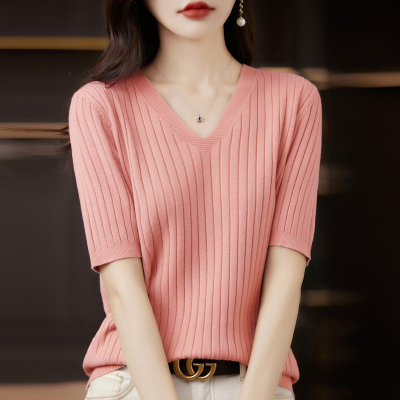 Women's Sweater Spring Summer Short Sleeve V-neck Knit Shirt Casual Korean Pullovers Stripe Bottoming Shirt Slim Fit Jumpers