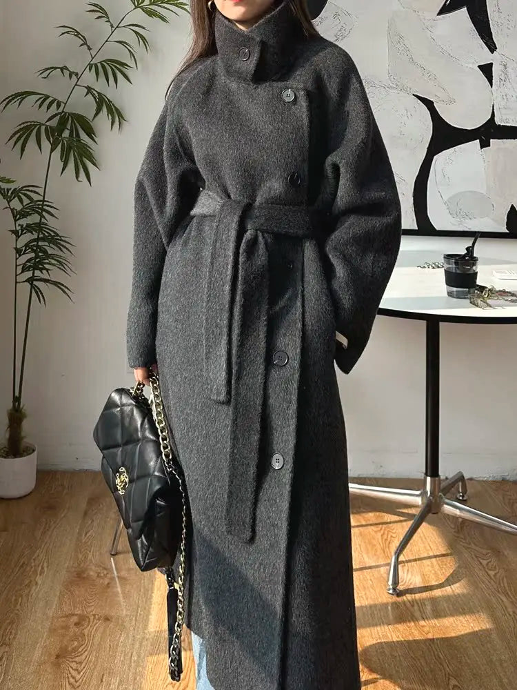Korean Fashion Dark Gray Stand Collar 100%Wool Coat Women Long Winter Jacket