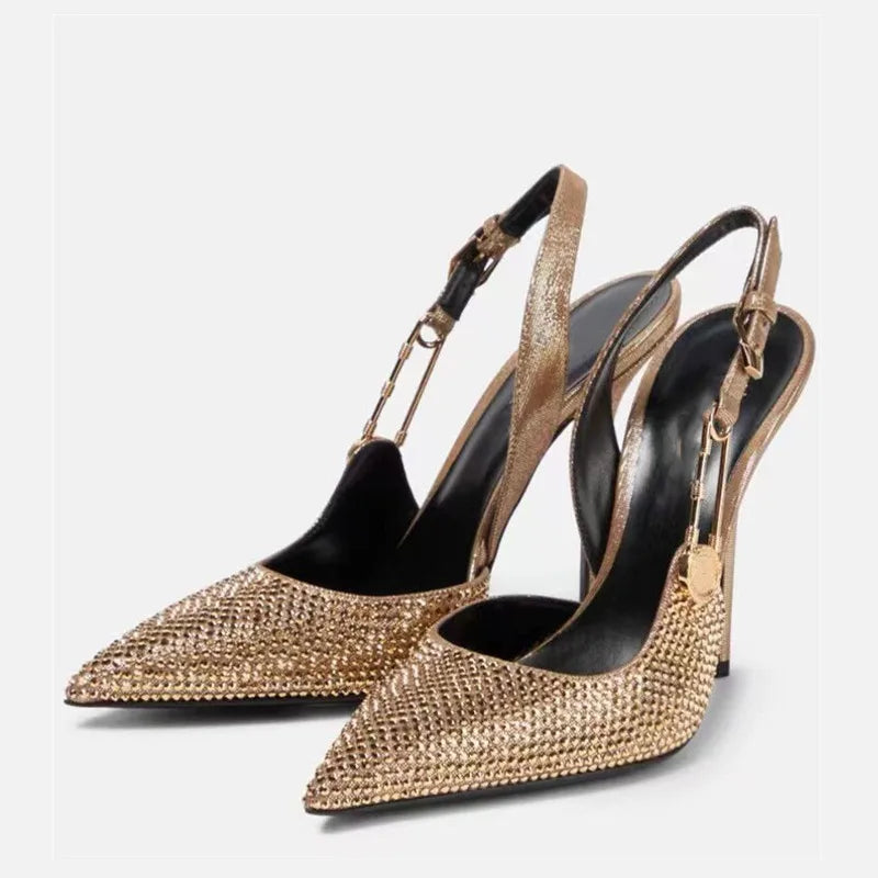 Luxury Rhinestones Sequined Buckle Women Pumps Elegant Pointed toe Slingbacks Stiletto High heels Spring Summer Fashion Shoes