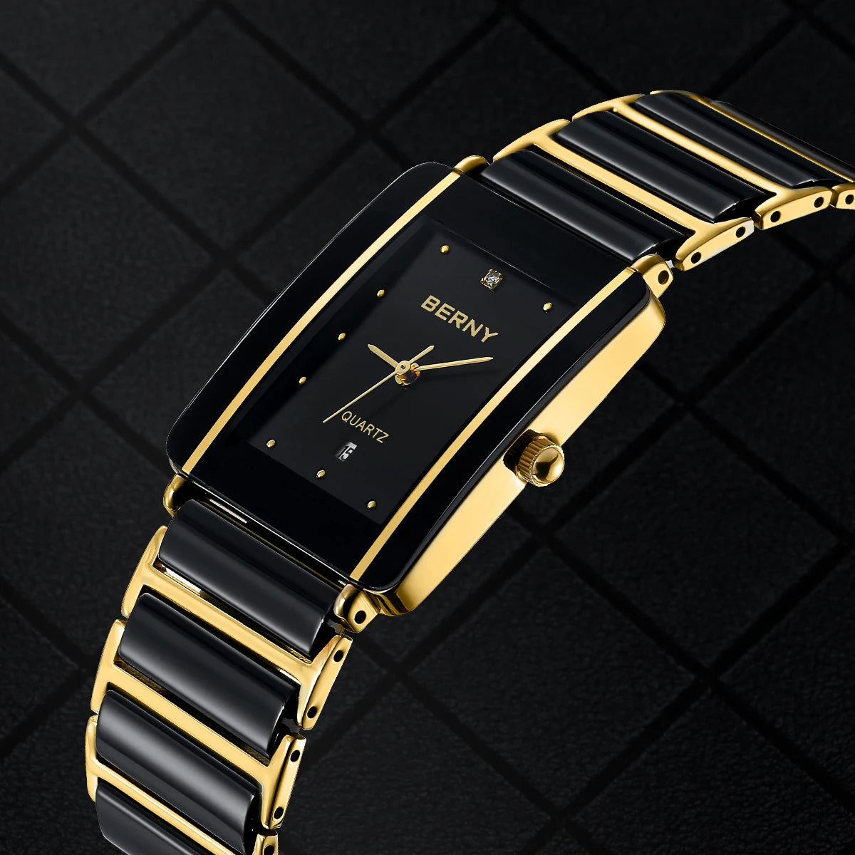 BERNY Ceramic Quartz Men Watch Fashion Luxury Rectangle Wristwatch XV12 Waterproof Calendar Diamon Black Gold Couple Gifts Watch