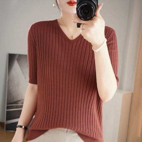 Women's Sweater Spring Summer Short Sleeve V-neck Knit Shirt Casual Korean Pullovers Stripe Bottoming Shirt Slim Fit Jumpers