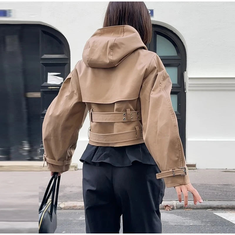 Elegant Double Belt Women Windbreaker Casual Khaki Long Sleeve Lapel Button Female Jacket 2025 Autumn Winter Lady Streetwear New