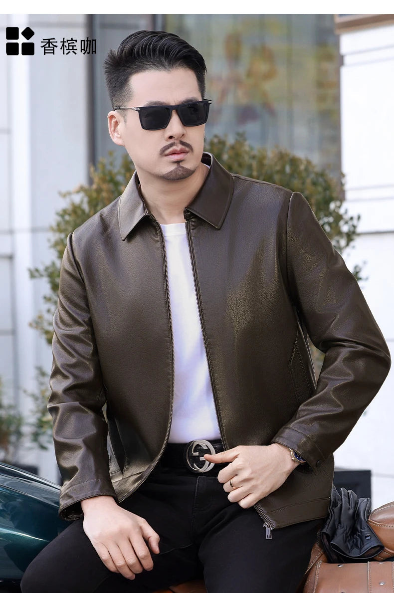 YN-2335 Spring and Autumn Men's Genuine Leather Polo Mock Neck Jacket Fashion Slim Sheepskin Coat Black Grey Husband Gift Youth
