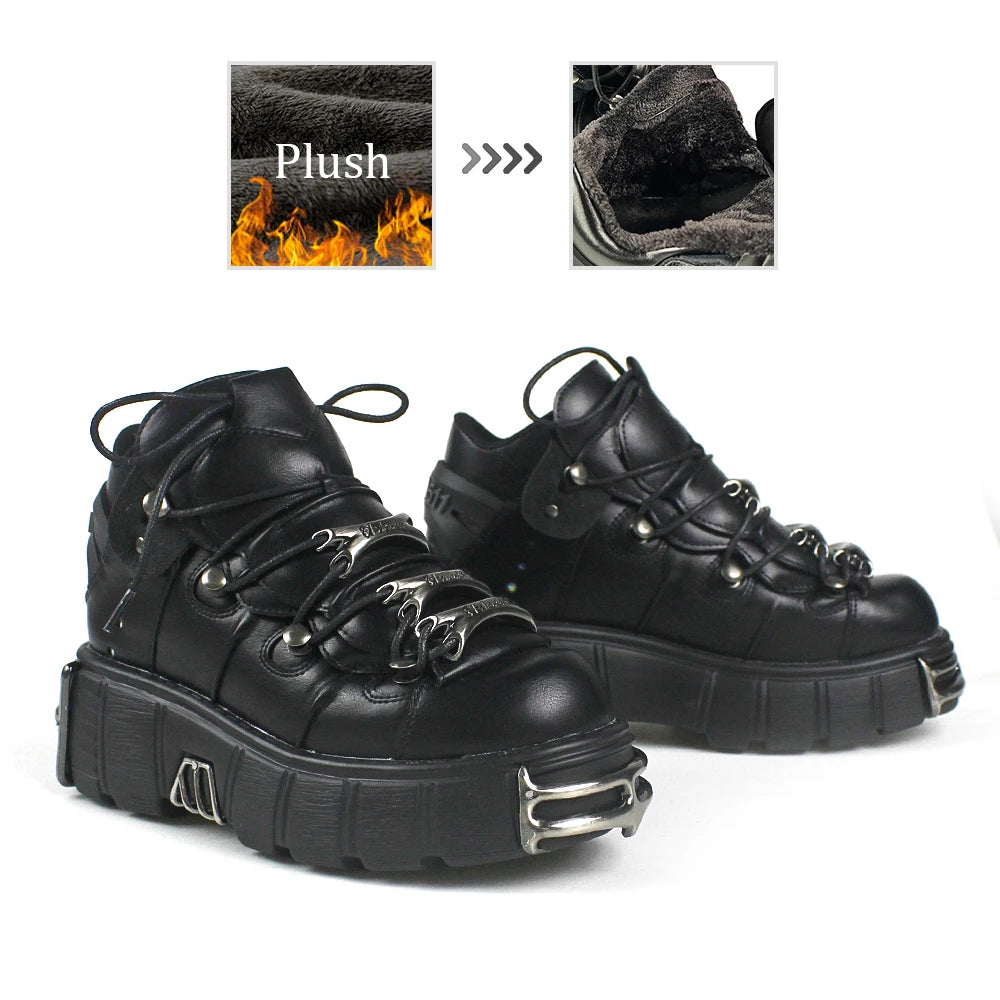 2025 New Brand Punk Style Women Shoes Lace-up heel height 6CM Platform Shoes Woman Rock Boots Metal Decor Woman Sneakers