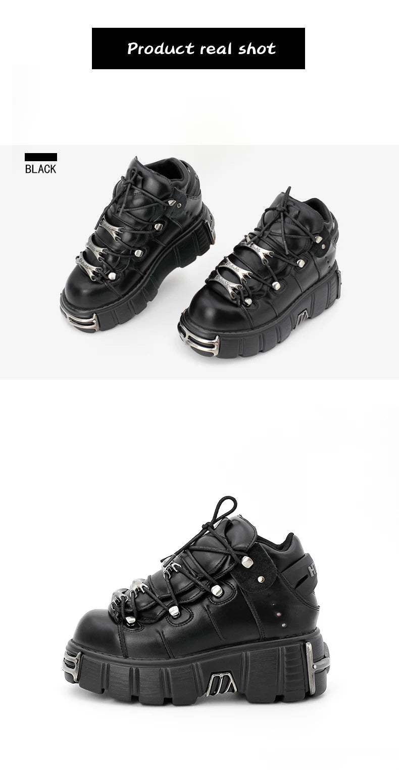 2025 New Brand Punk Style Women Shoes Lace-up heel height 6CM Platform Shoes Woman Rock Boots Metal Decor Woman Sneakers