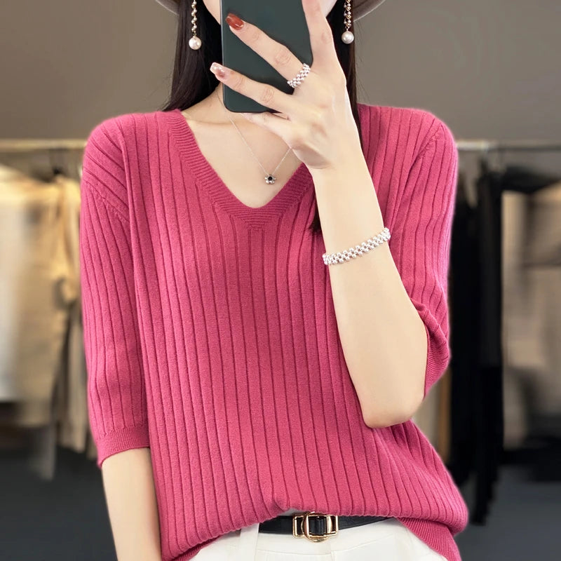 Women's Sweater Spring Summer Short Sleeve V-neck Knit Shirt Casual Korean Pullovers Stripe Bottoming Shirt Slim Fit Jumpers