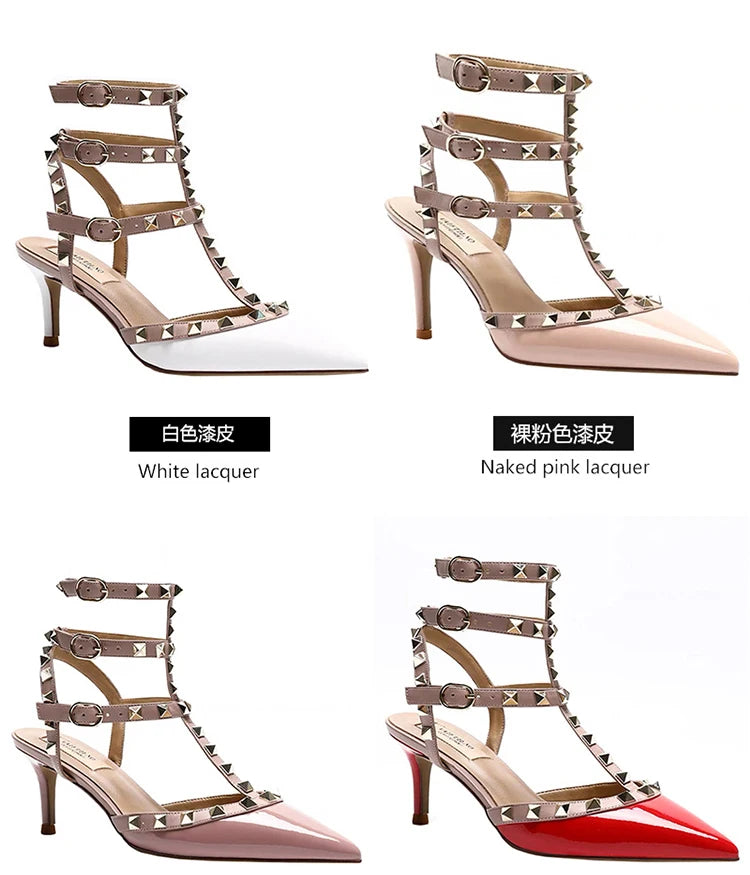Three straps Rivet Heeled sandals luxury Women's Gladiator sandals summer Brand Slingbacks High Heels designer party Ladies Shoe