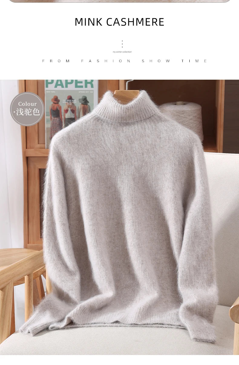 Autumn And Winter New 100% Mink Cashmere Sweater Ladies' High Lapel Solid Color Padded Pullover Wool Knitted Bottoming Shirt